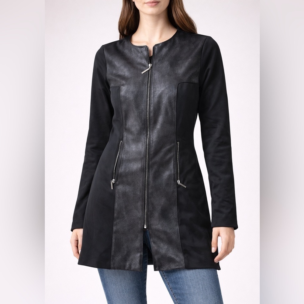 Melanie Lyne Black Faux Leather Panel Zip Front Jacket Size 6